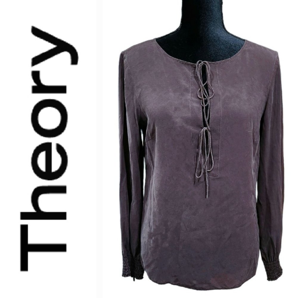 Theory Silk Lightweight Lace Up Sheer Tunic Long Sleeve Casual Top Blous L